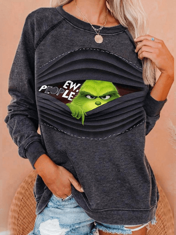 Women Funny Cartoon Print Pullover Long Sleeve Sweatshirts - MRSLM