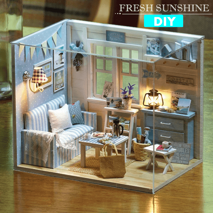 Creative DIY Handmade Assemble Doll House Miniature Furniture Kit with LED Effect Dust Proof Cover Toy for Kids Birthday Xmas Gift House Decoration - MRSLM