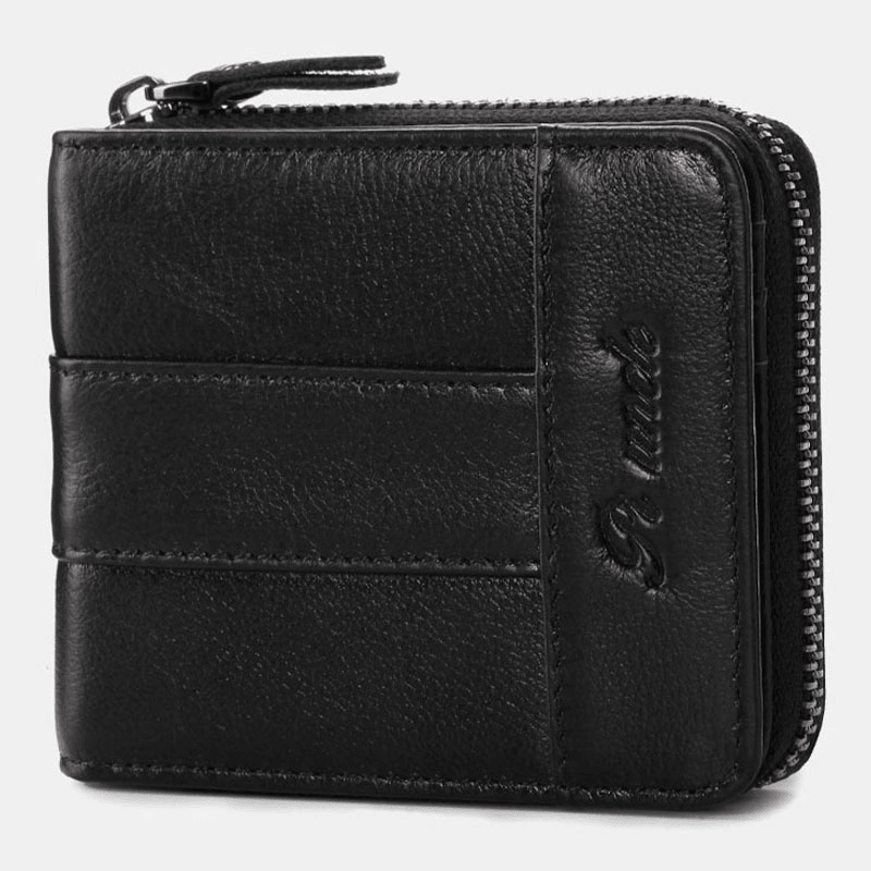 Men Genuine Leather Mini Retro Leather Coin Card Holder Zipper Wallet - MRSLM