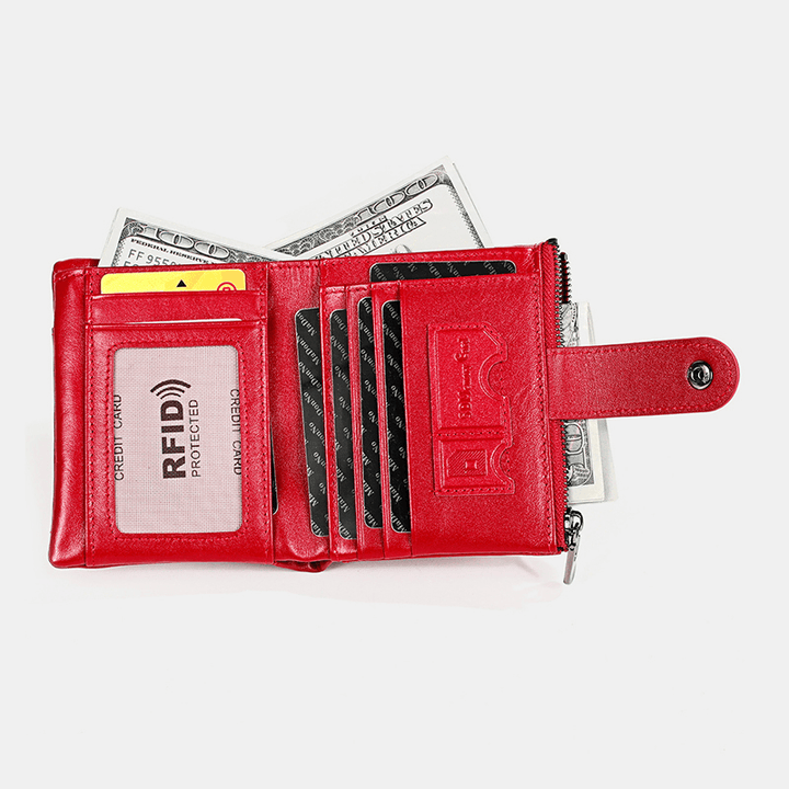 Men Genuine Leather RFID Double Zipper Retro Business Casual Style Multi-Pocket Solid Color Wallet with Chain - MRSLM