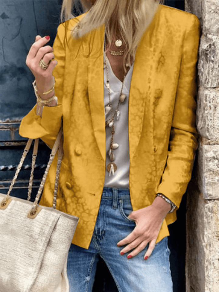 Women Solid Color Button Leopard Printed European Pocket Decoration Long Sleeve Blazer - MRSLM