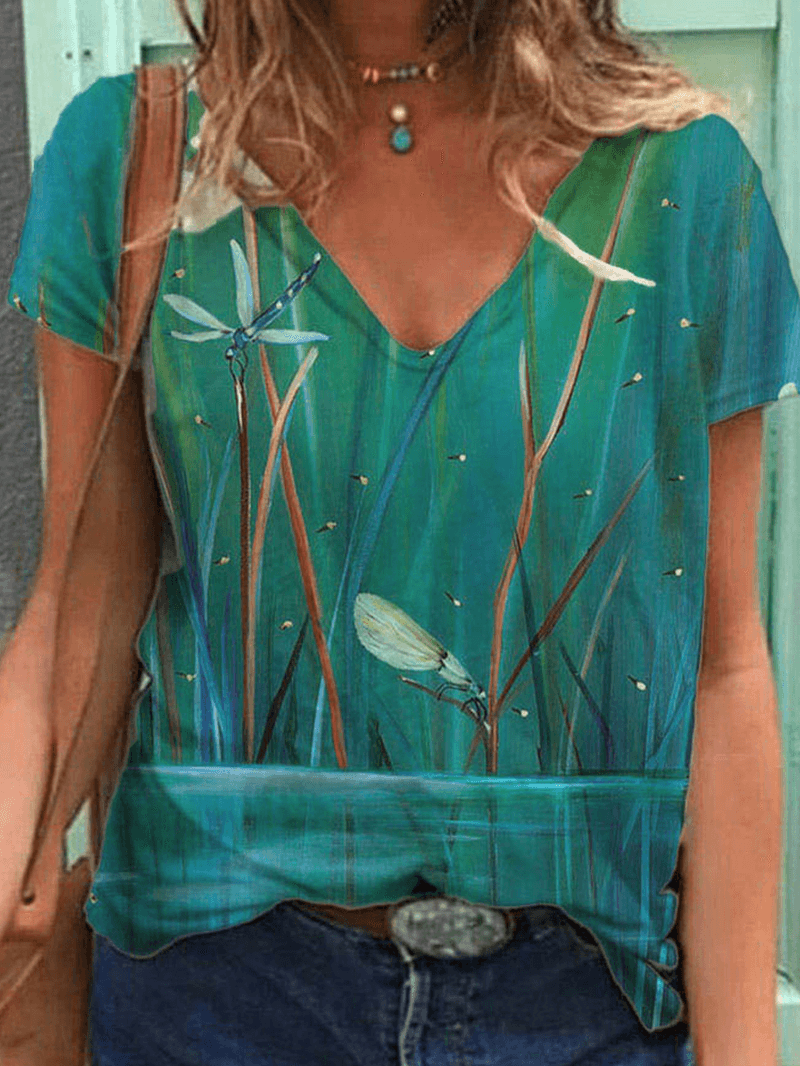 Women Dragonfly Plant Print V-Neck Leisure Short Sleeve T-Shirt - MRSLM