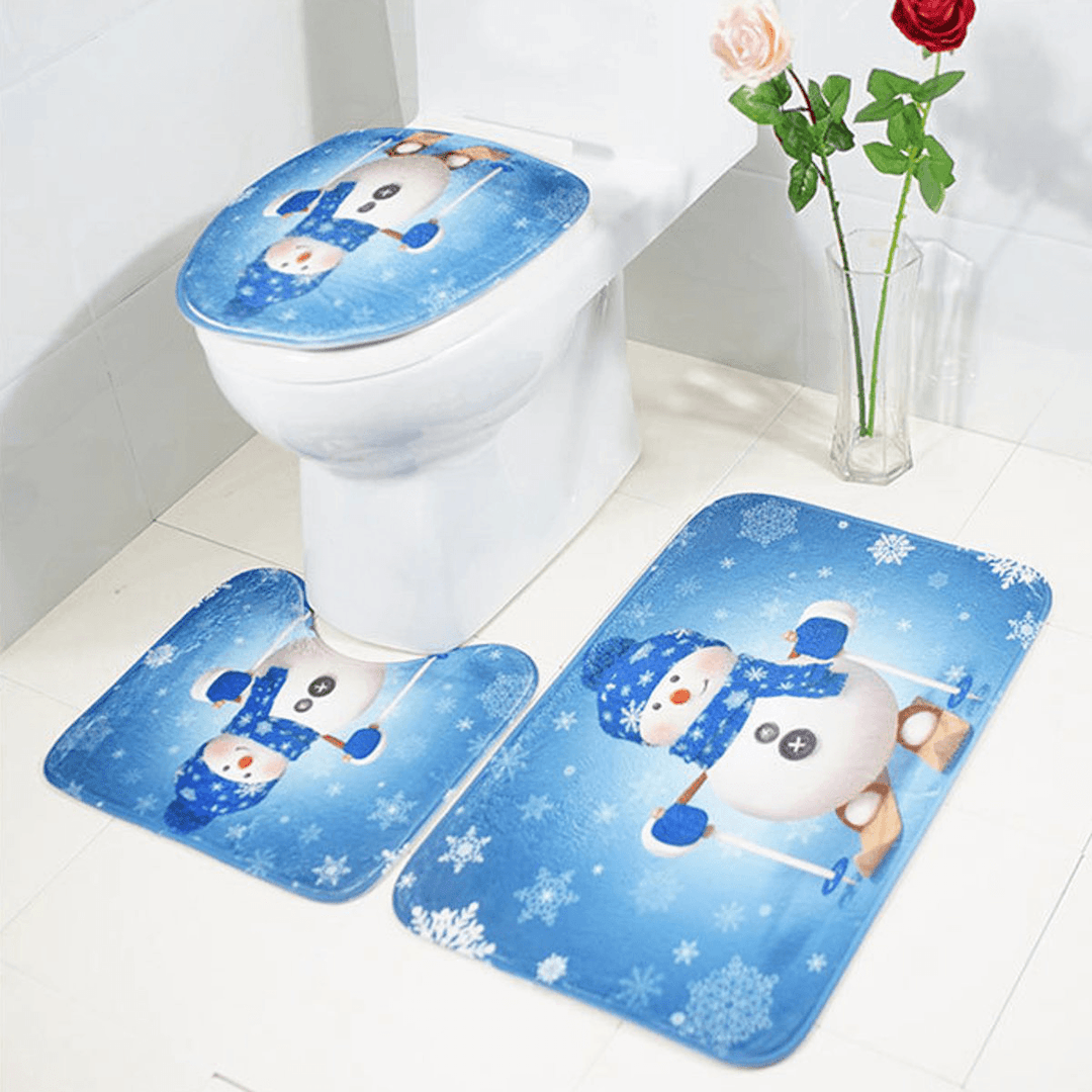 3Pcs Set Christmas Snowman Toilet Seat Covers Bathroom Carpet No-Slip Rug Xmas Decor - MRSLM