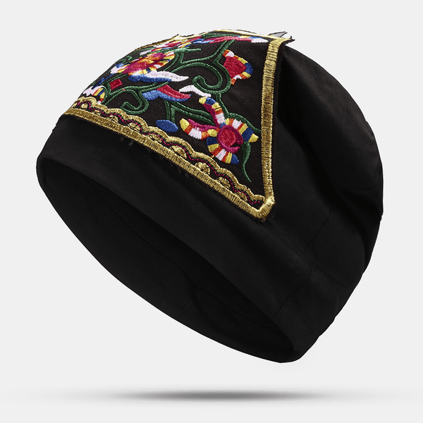 Women Cotton Floral Ethnic Embroidery Beanie Hat Elastic Breathable Turban Cap - MRSLM