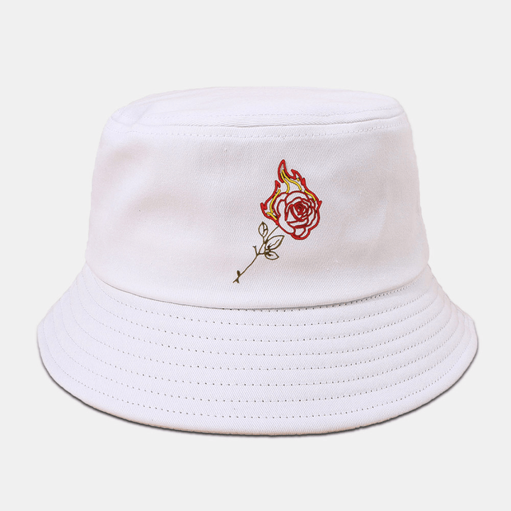 Unisex Flame Rose Embroidery Sun Hat Cotton Simple Sunscreen Bucket Hat - MRSLM