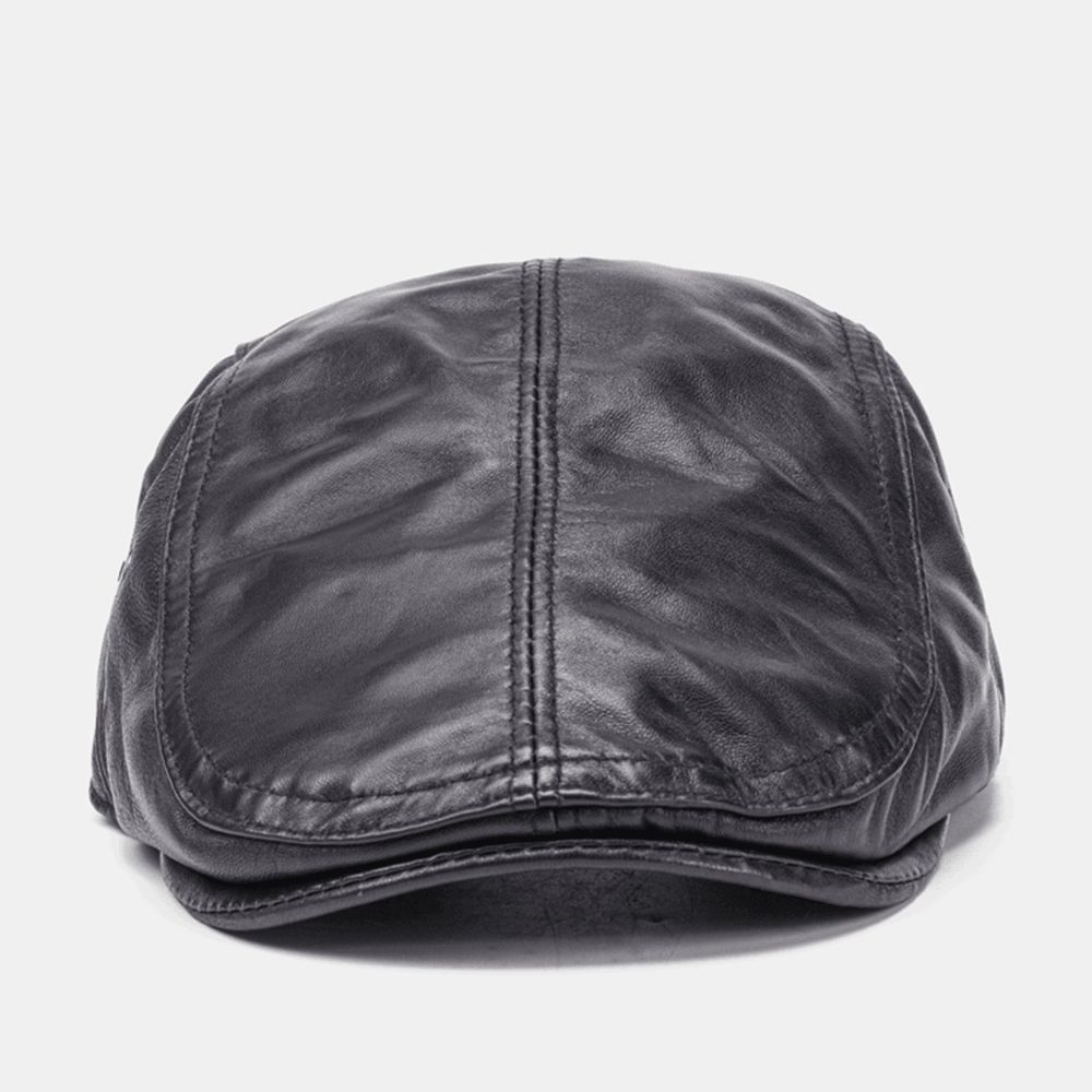 Men Genuine Leather Sheepskin Keep Warm Casual Universal Fold Solid Forward Hat Beret Hat - MRSLM
