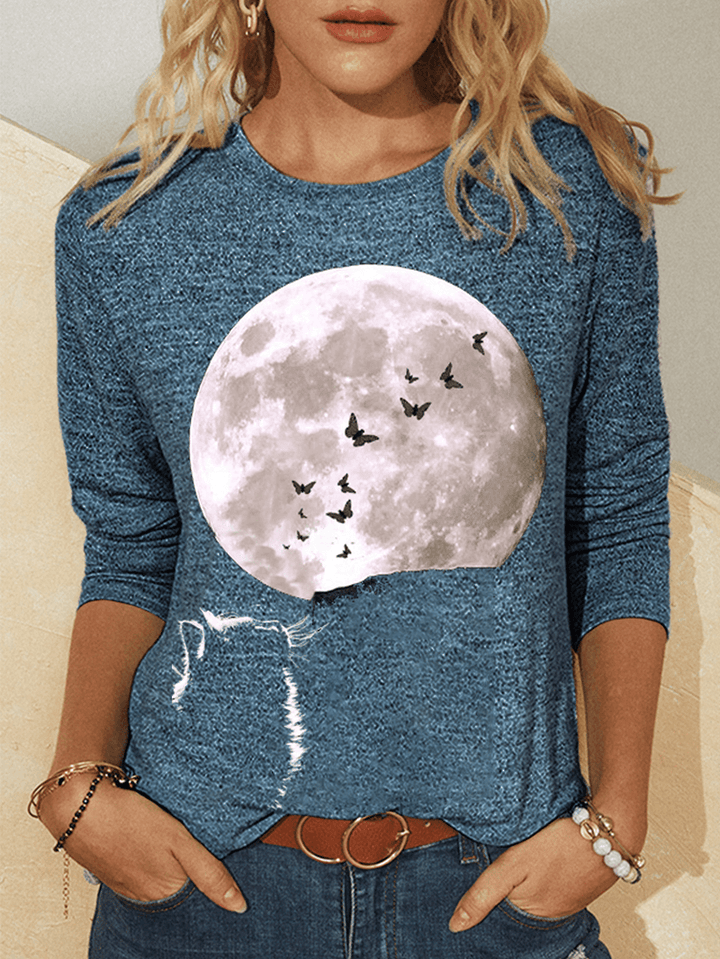 Women Cat Moon Graphic Printed Long Sleeve O-Neck Casual T-Shirt - MRSLM