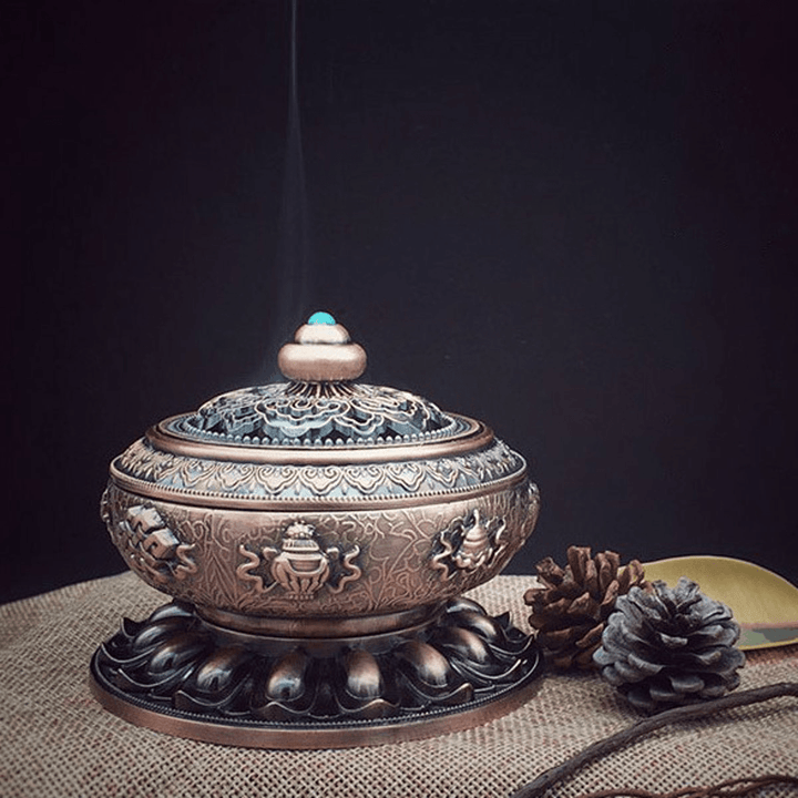 Vintage Alloy Cone Incense Burner Holder Bowl with Lid Base Home Buddhism Decorations - MRSLM
