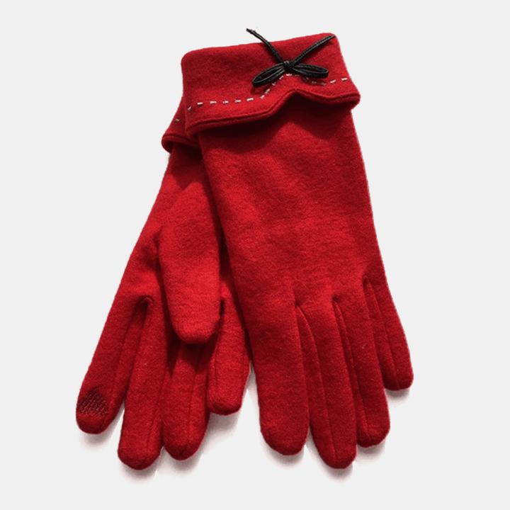 Women Wool Screen-Touchable Embroidery Dotted Line Bowknot Keep Warm Fashion Casual Gloves - MRSLM