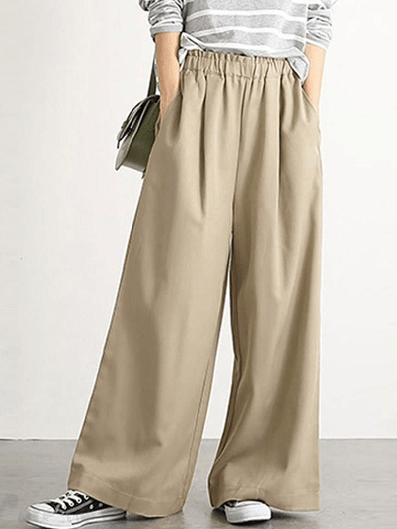 Women Casual Solid Color Elastic Waist Wide Leg Pants with Pocket - MRSLM