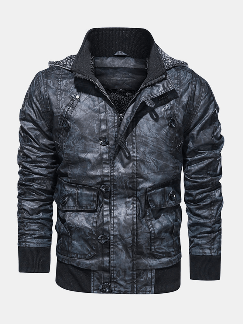 Mens Hooded Pocket PU Leather Motorcycle Jacket - MRSLM