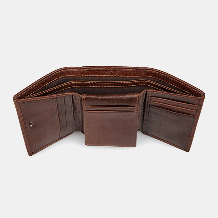 RFID Blocking Genuine Leather Card Holder Vintage Short 7-Card Slots Tri-Fold Wallet for Men - MRSLM