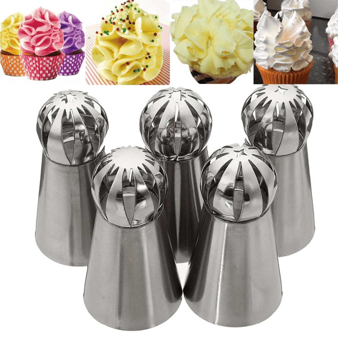 5Pcs Stainless Steel Sphere Ball Icing Piping Nozzle Cup Cake Pastry Tips Decor - MRSLM