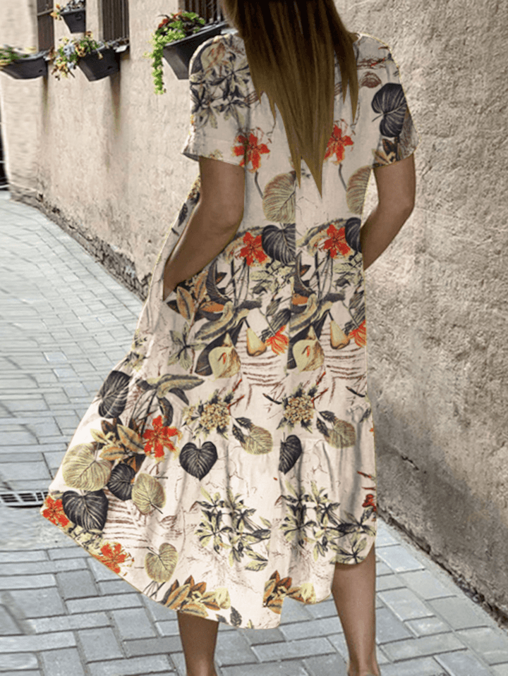 Plant Print High Low Hem Casual Short Sleeve Pocket Midi Dresses for Women - MRSLM