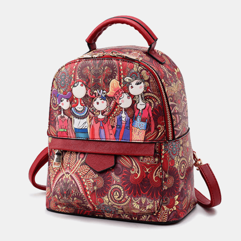 Women Leather Cartoon Figure Printed Pattern Large Capacity Backpack Shoulder Bag Handbag - MRSLM