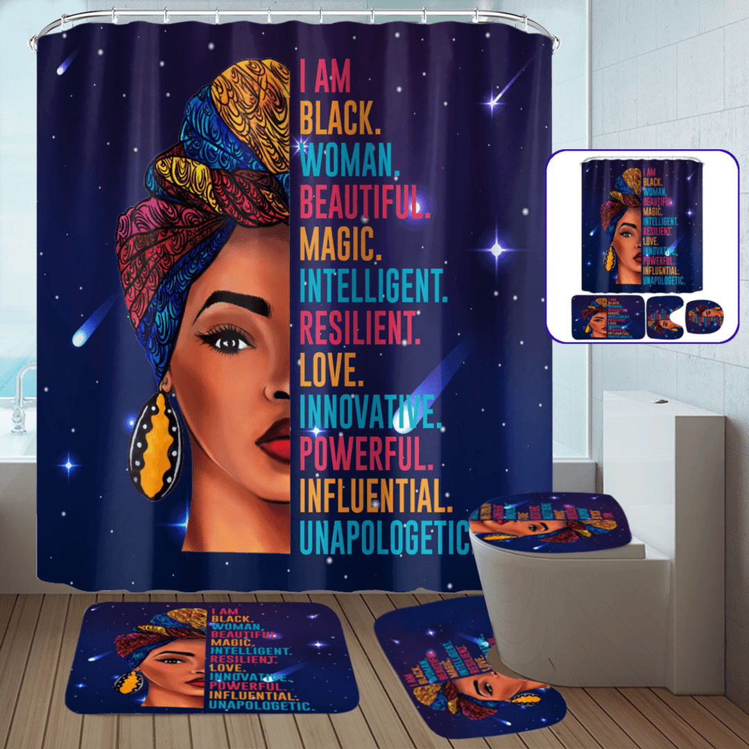 African Woman Waterproof Shower Curtain Non-Slip Bathroom Toilet Cover Mat Set - MRSLM