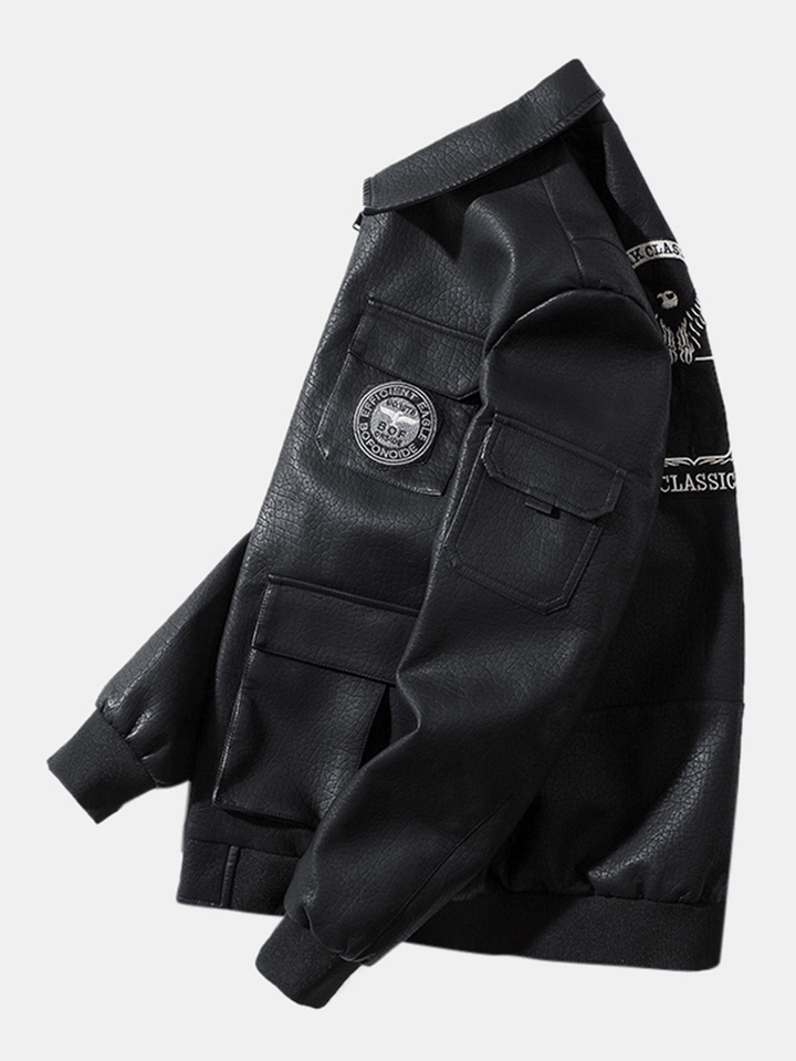 Mens Embroidery Multi Pockets Zipper Lapel PU Leather Motorcycle Jackets - MRSLM