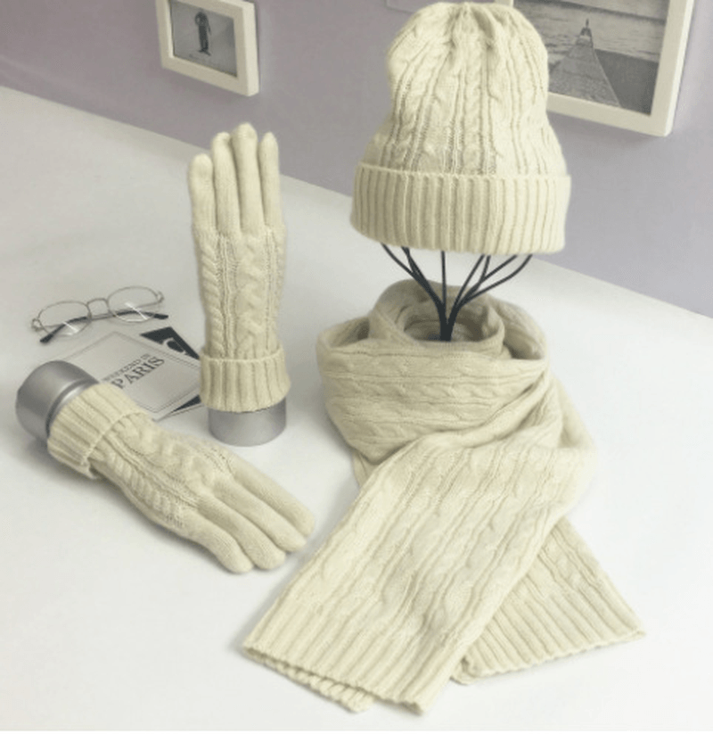 Fashion Solid Color Twist Warm Hat Scarf Glove Set - MRSLM