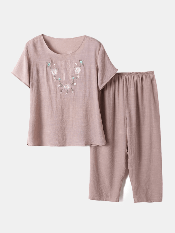Women Floral Print Loungewear Loose Breathable Short Sleeve Pajamas - MRSLM