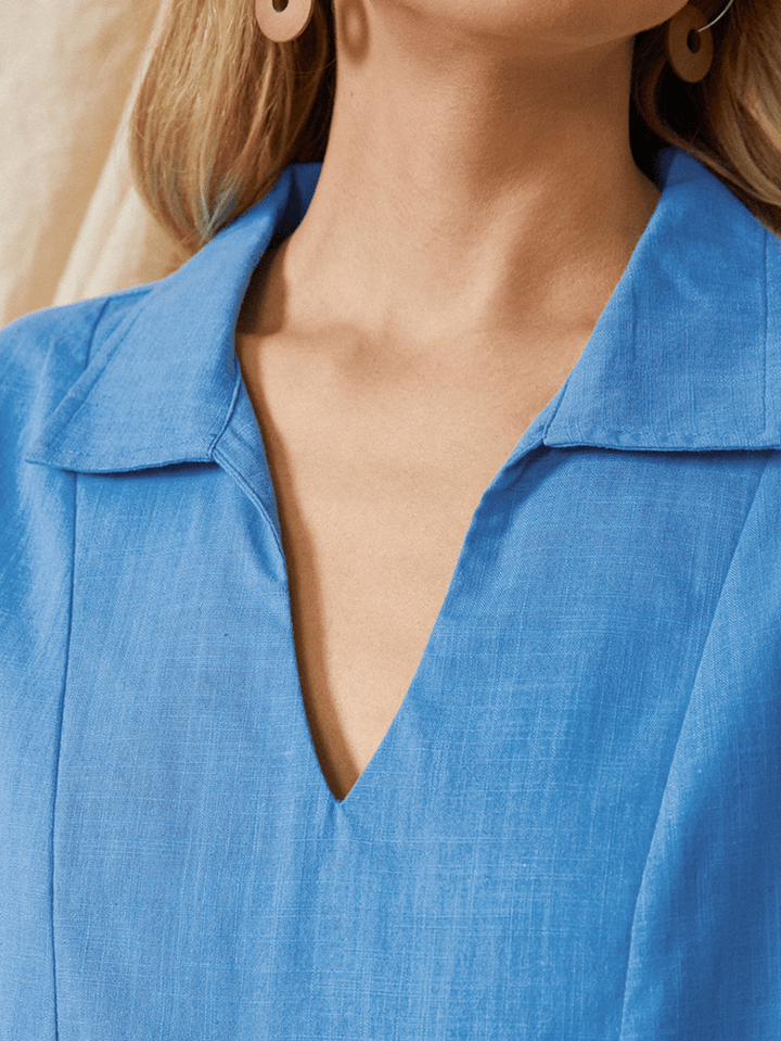 Puff Sleeve Lapel Pleated Stitching Elastic Cuffs Solid Daily Casual Cotton Blouse for Women - MRSLM