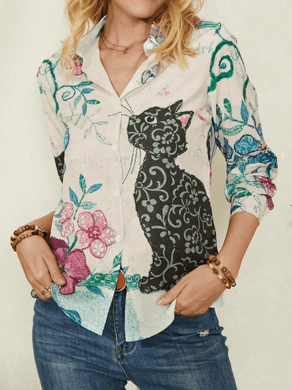 Women Cute Cat Print Long Sleeve Lapel Casual Shirt - MRSLM