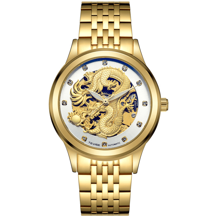 TEVISE 9006 Mechanical Watch Men Women Hollow Dragon Phoenix Pattern Watch Stainless Steel Watch - MRSLM