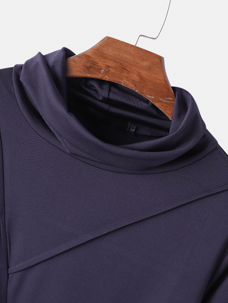 Mens Simple Solid Color High Neck Asymmetrical Hem Long Sleeve T-Shirts - MRSLM