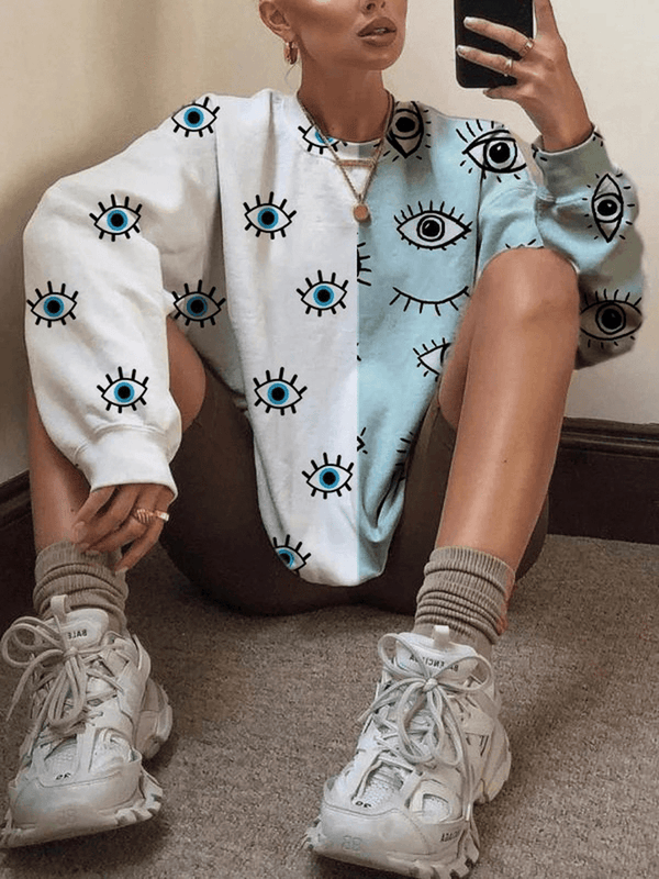 Women Patchwork Eye Print round Neck Pullover Casual Sweatshirts - MRSLM