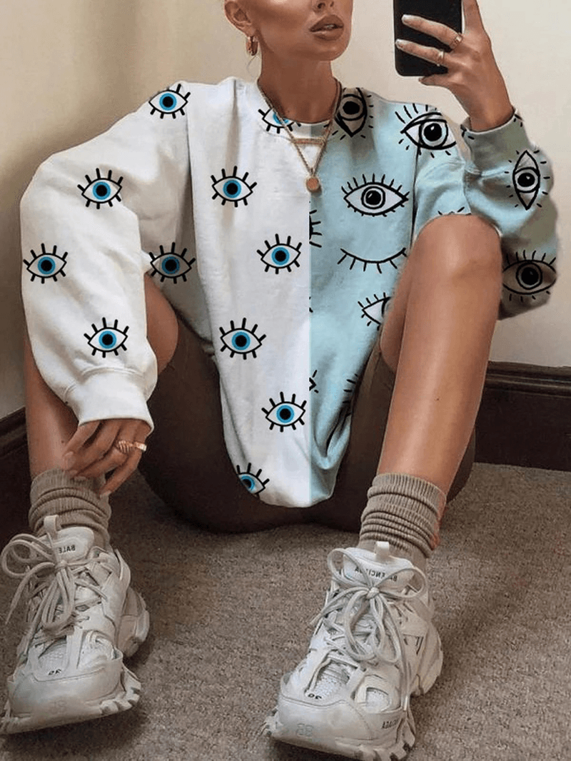 Women Patchwork Eye Print round Neck Pullover Casual Sweatshirts - MRSLM