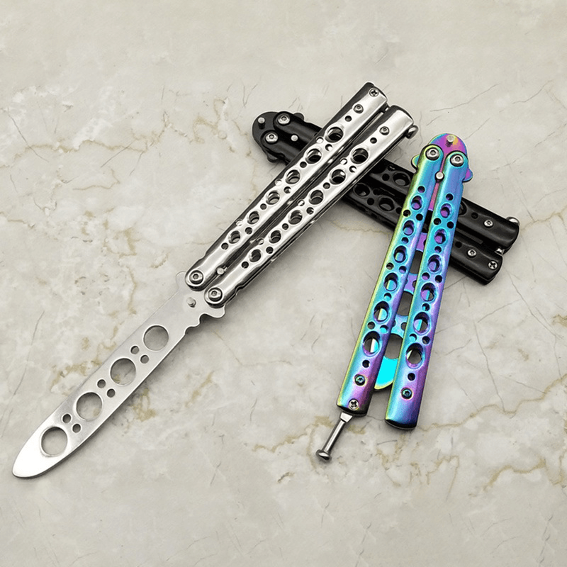 HUOHOU Colorful Stainless Steel EDC Knife Butterfly Training Outdoor Knife Competition Knife Blunt Tool No Blade Balisong Trainer - MRSLM