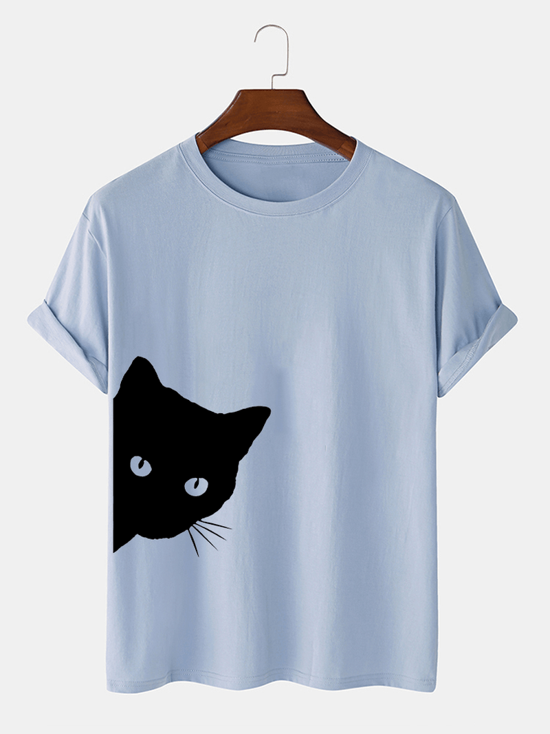 Mens 100% Cotton Cute Cartoon Cat Print Breathable Casual Short Sleeve T-Shirts - MRSLM