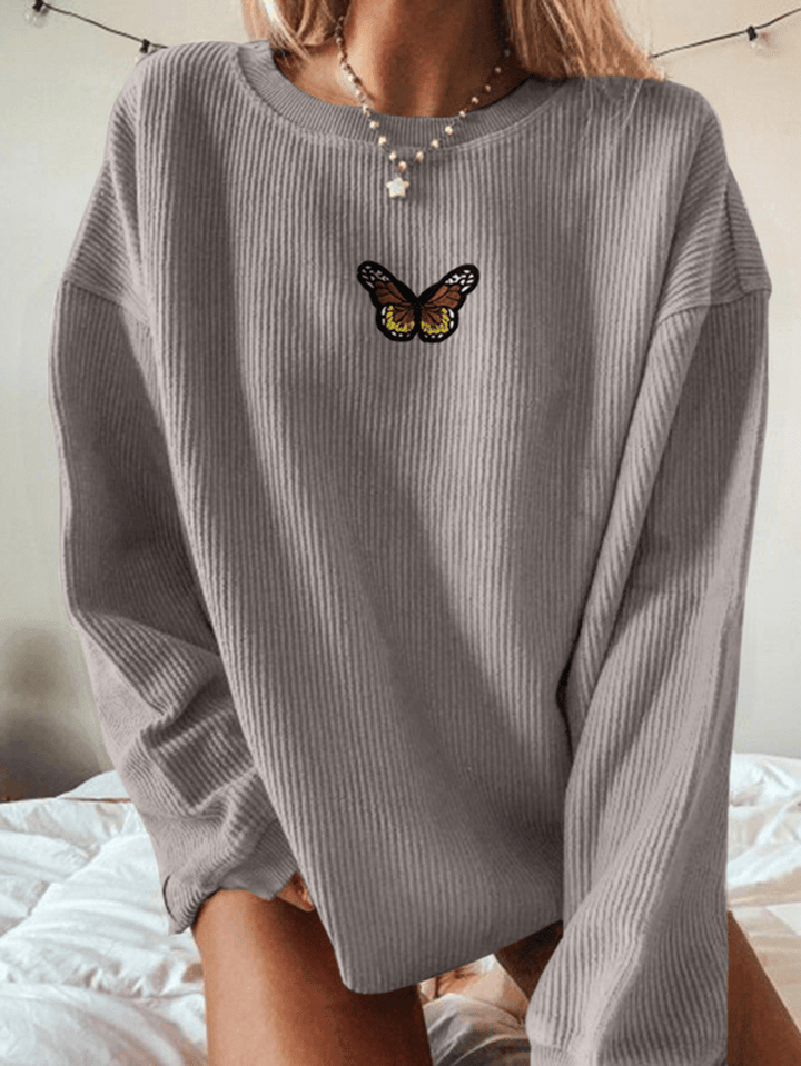 Women Corduroy Funny Pattern Embroidery Collegiate Loose Casual Solid Sweatshirt - MRSLM