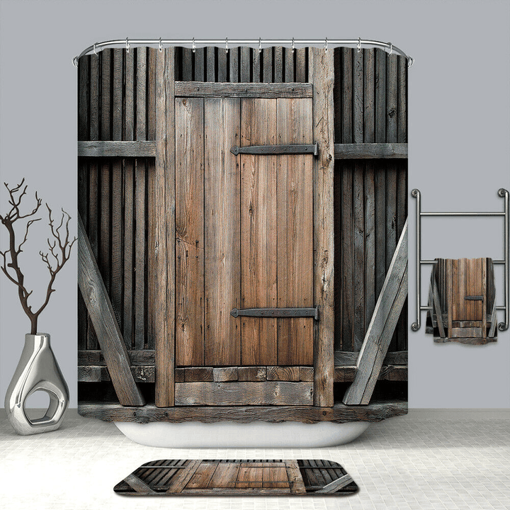 Vintage Wooden Door Waterproof Shower Curtain Toilet Lid Cover Pedestal Rug Non-Slip Bath Mat Set - MRSLM
