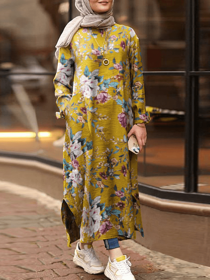 Women Cotton Floral Print Loose Contrast Color Robe Kaftan Split Hem Shirt Dress with Pocket - MRSLM