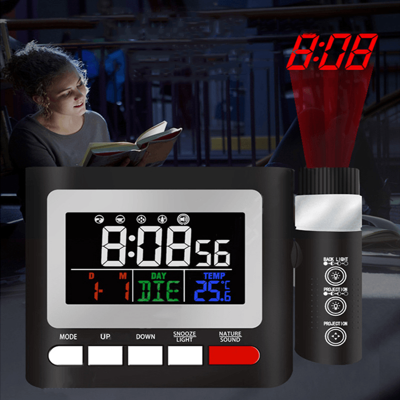LED Digital Alarm Clock FM Radio Projection Alarm Clock with Dual Alarm Snooze Function USB Charging with Time Projector Snooze Function - MRSLM