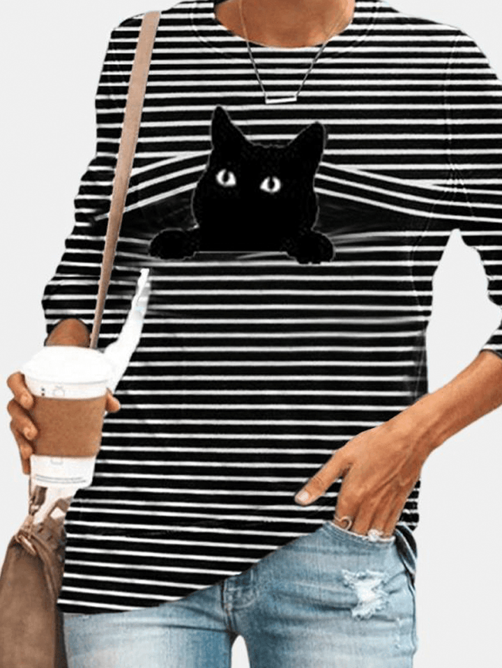 Women Black Cat Print Long Sleeves O-Neck Striped Casual T-Shirt - MRSLM