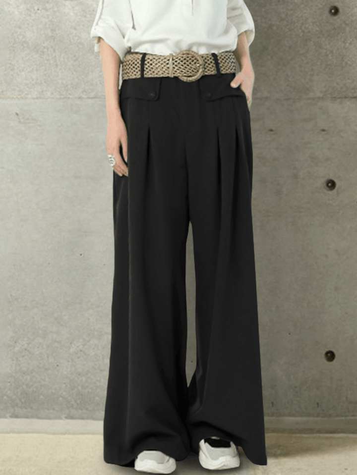 Women Solid Color Button Casual Loose Wide Leg Pants with Pocket - MRSLM