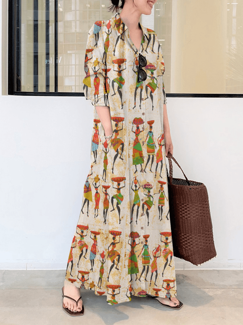 Women Ethnic Figure Print Lapel Long Sleeve Shirt Maxi Dresses with Pocket - MRSLM