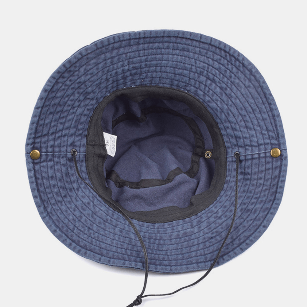 Men Cotton Wash Dual-Use Windproof Rope Outdoor Fishing Climbing Anti-Uv Sunshade Bucket Hat - MRSLM