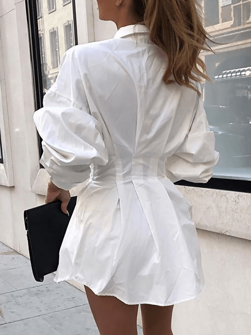 Women Solid Lapel Long Sleeves Tie Waist Casual Shirt Dress - MRSLM