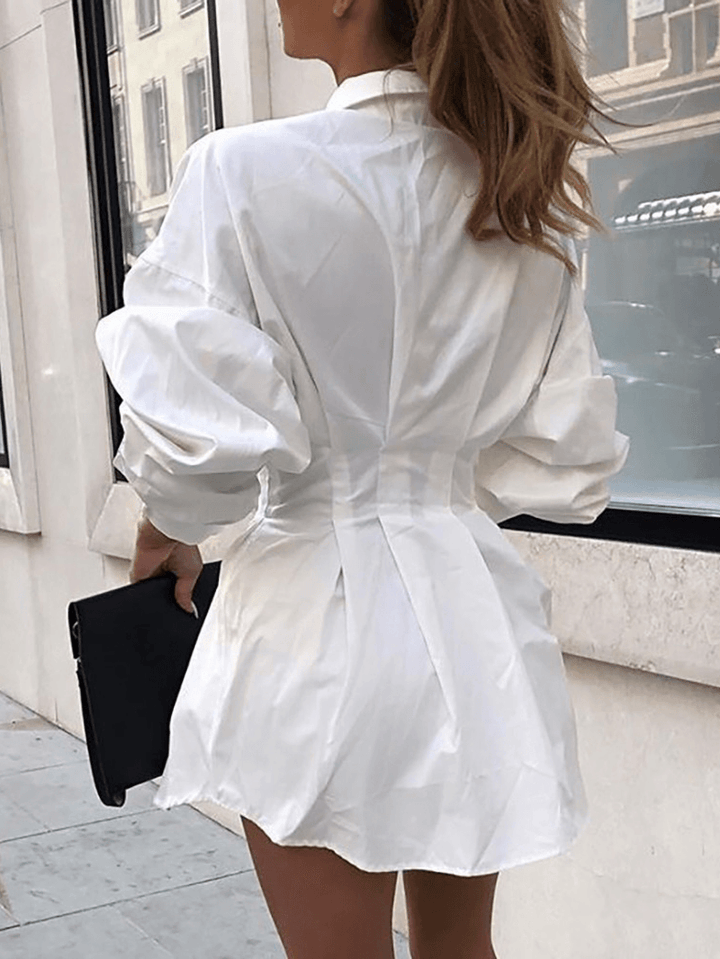 Women Solid Lapel Long Sleeves Tie Waist Casual Shirt Dress - MRSLM