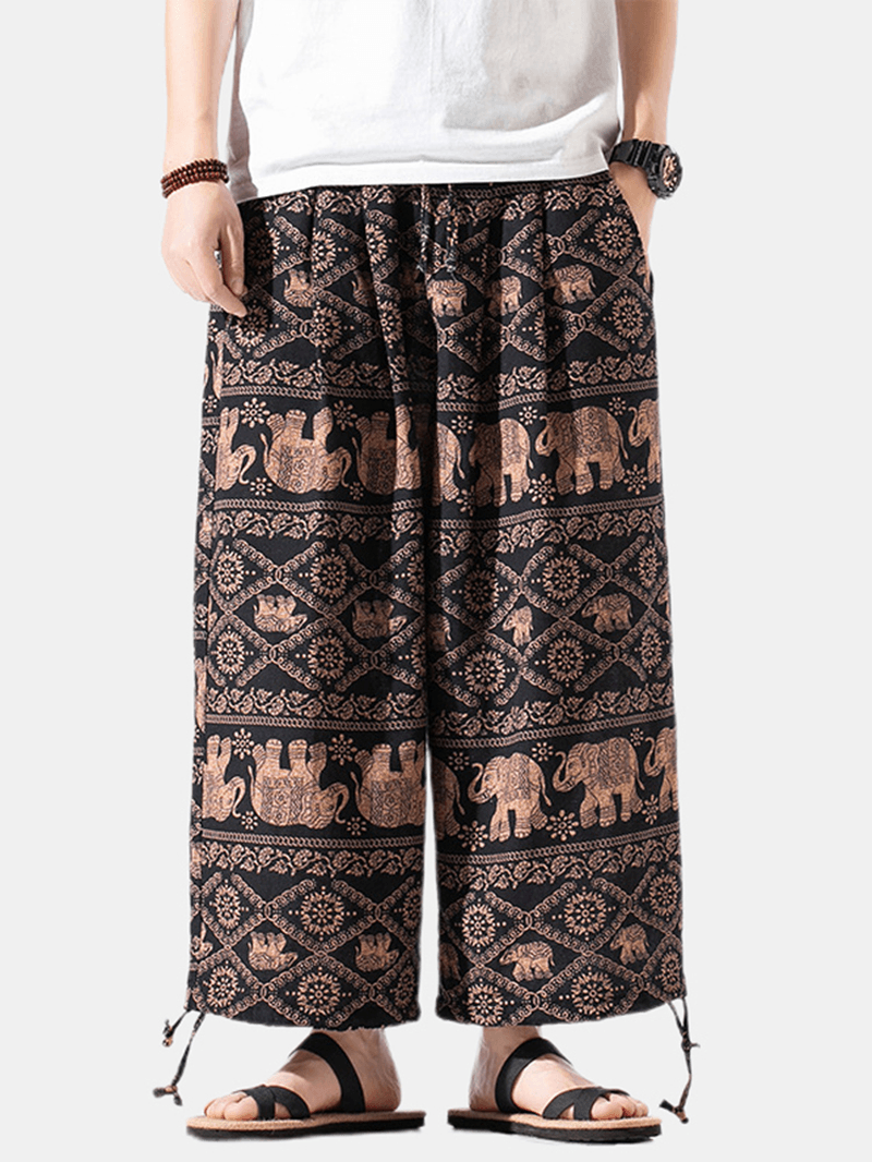 Mens Flax Ethnic Style Print Loose Fit Adjustable Cuff Drawstring Waist Harem Pants - MRSLM