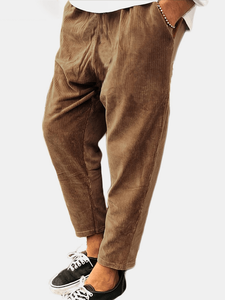 Mens Vintage Drawstring Corduroy Solid Color Casual Pants - MRSLM