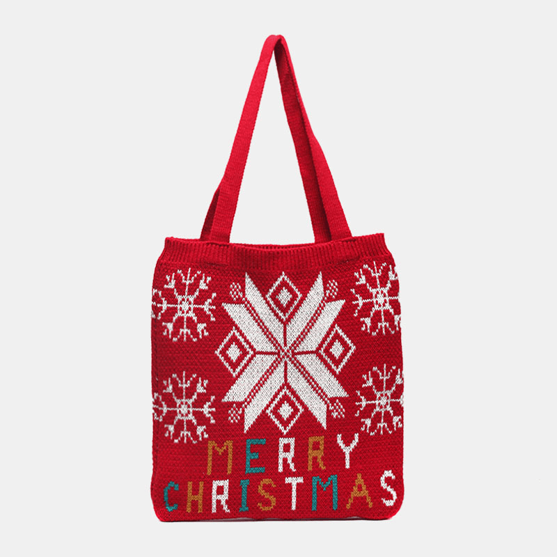 Women Wool Christmas Tree Snowflake Letter Pattern Casual Festive Handbag Tote Shoulder Bag - MRSLM