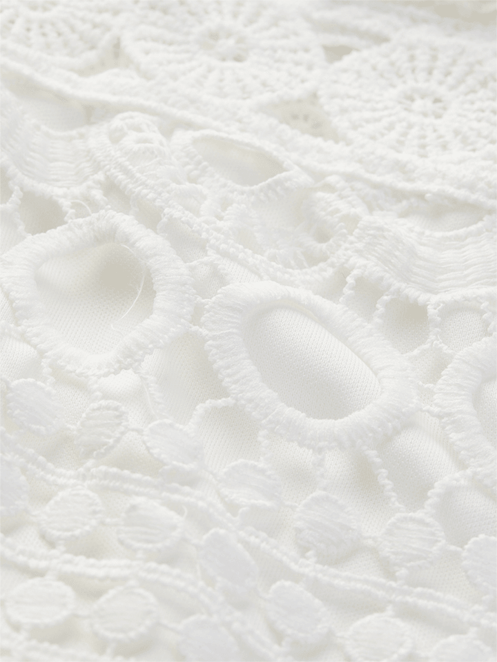White Lace Hollow Out Design High Neck Long Sleeve Elegant Dress - MRSLM