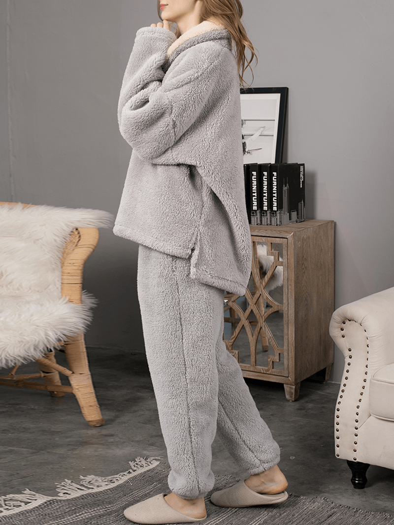 Women Fluffy Plush Thicken Lapel High Low Hem Loungewear Warm Pajamas Set - MRSLM