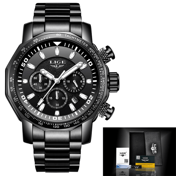 LIGE LG9871 Luxury Business Style Date Display Luminous Pointers Waterproof Stainless Steel Band Men Quartz Wrist Watch - MRSLM