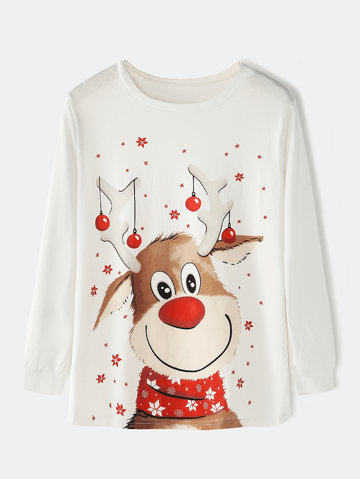 Christmas Style Women Cute Elk Print Pullover Plaid Elastic Loose Waist Pants Home Pajama Set - MRSLM