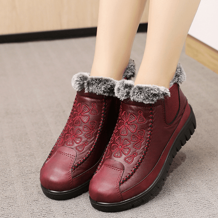 Women Comfy Floral Embroidered Waterproof Warm Lining Cotton Snow Boots - MRSLM
