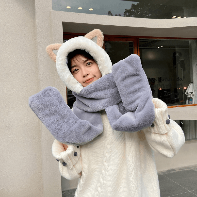 Cat Scarf Hat Gloves One Faux Rabbit Fur Cute Ear Protection - MRSLM